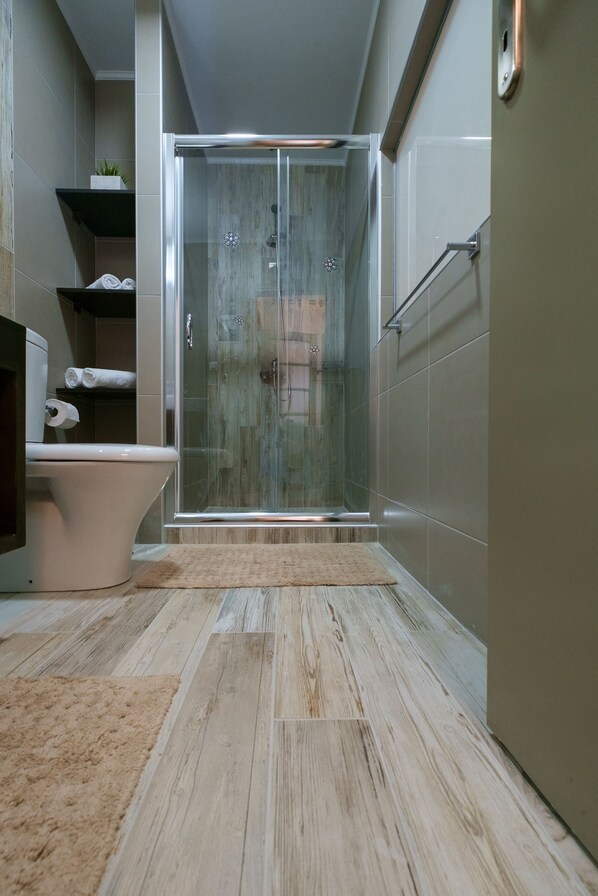 Deluxe House | Bathroom | Hair dryer, towels, soap, shampoo