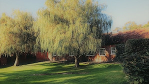 A house with a red brick exterior, a well-maintained lawn, and a large weeping willow tree in front. - Beachborough Park (Folkestone)
