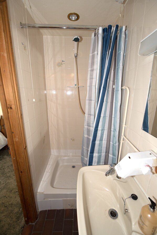 A bathroom with a shower, a sink, and a mirror.