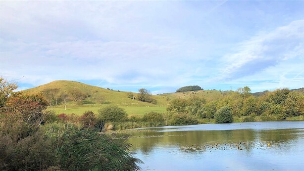 A serene landscape with a lake, hills, and dense greenery. - Beachborough Park (Folkestone)