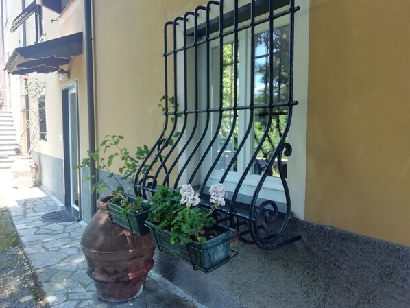 A building with a yellow exterior, a large window with black metal bars, and potted plants on the ground.