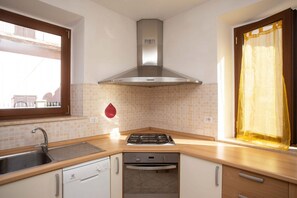 Fridge, oven, dishwasher, dining tables
