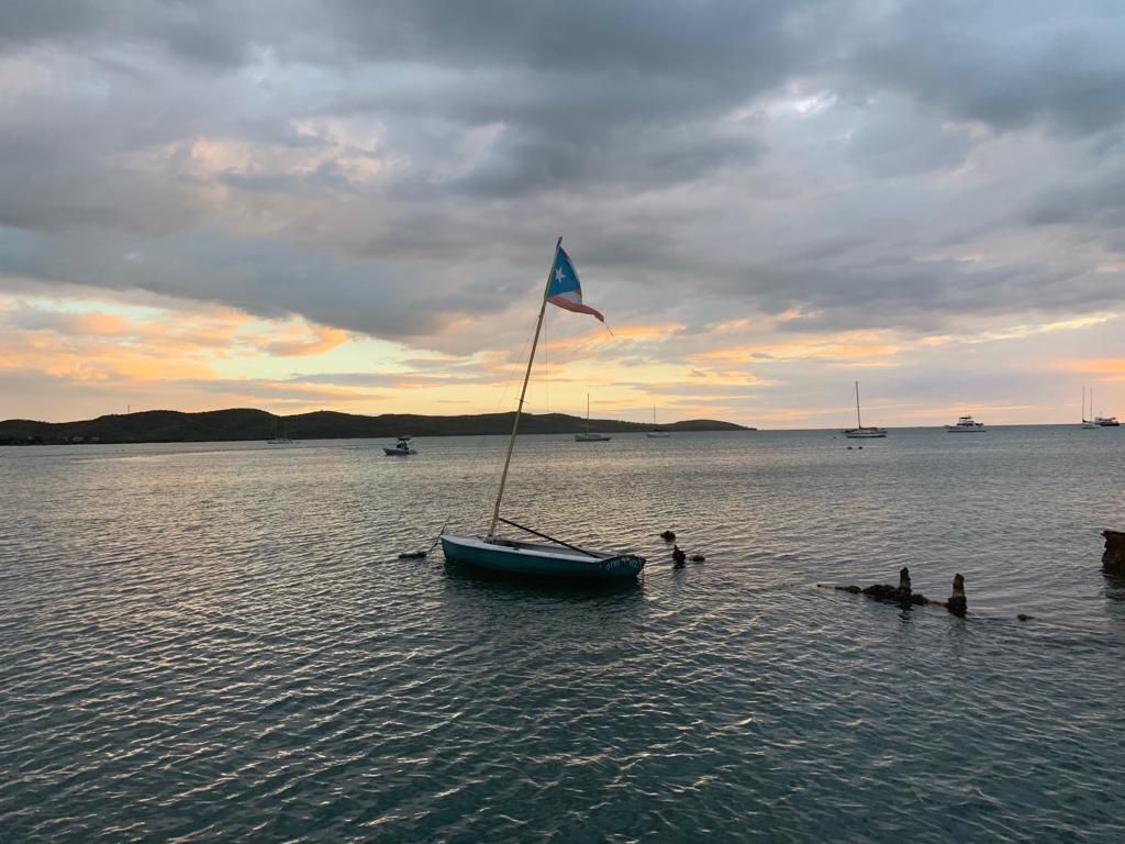 A calm body of water with a sailboat and a flag, surrounded by distant boats and a hilly landscape under a cloudy sky.