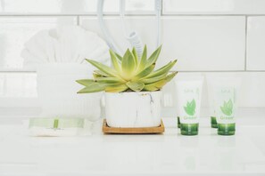 A bathroom with a white sink, a potted succulent, and two green bottles labeled "S.P.A Green" on a white countertop. - The Belmont Shore Inn (Long Beach)