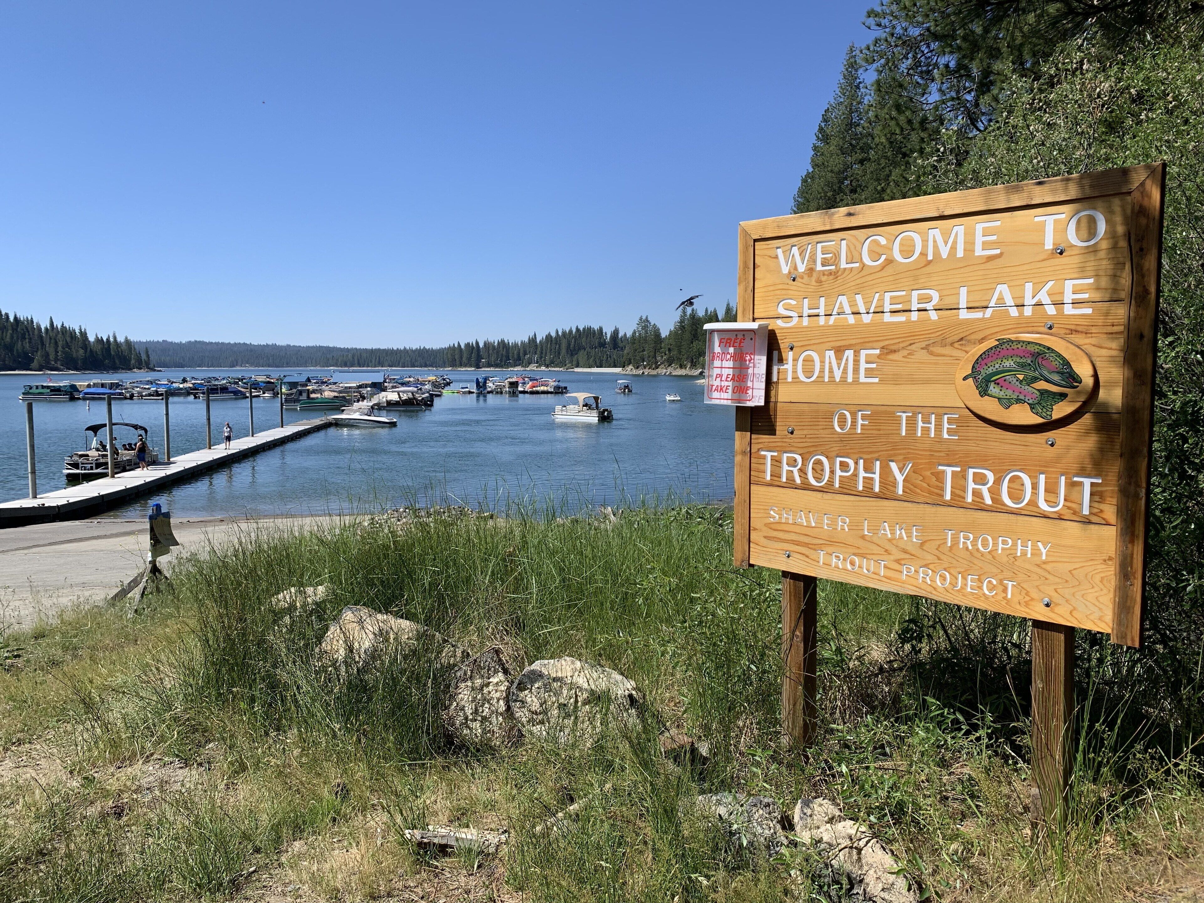 Une pancarte en bois souhaite la bienvenue aux visiteurs de Shaver Lake, célèbre pour ses truites de grande taille.