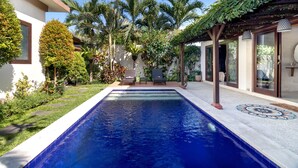 Piscina retangular com borda azulejada, rodeada por vegetação exuberante e palmeiras.