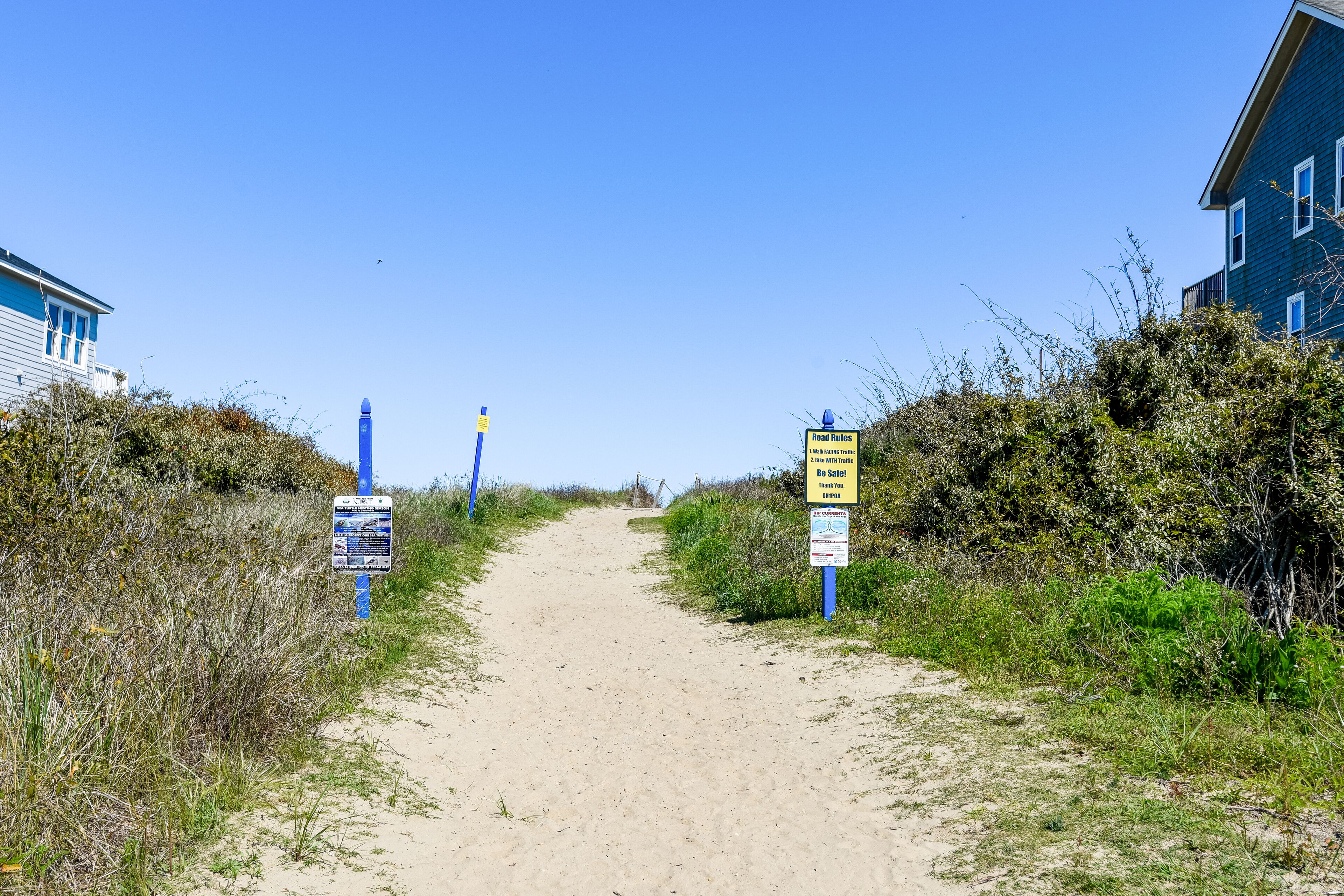 Een zandpad leidt naar een gebouw met een blauwe gevel, omringd door beplanting en borden met verkeersregels en informatie over het scharreltijdperk van zeeschildpadden.