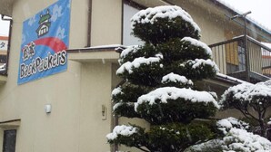 Un bâtiment avec une enseigne indiquant « Back Packers » et un arbre couvert de neige devant.