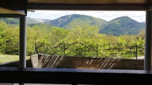 A view from a covered outdoor area with a stone wall and metal railing, overlooking a valley with green hills and a mountain range.