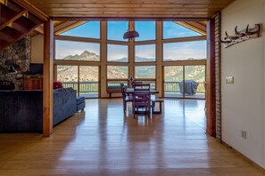Flat-screen TV, fireplace, books