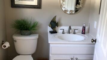 Combined shower/tub, hair dryer, towels, soap