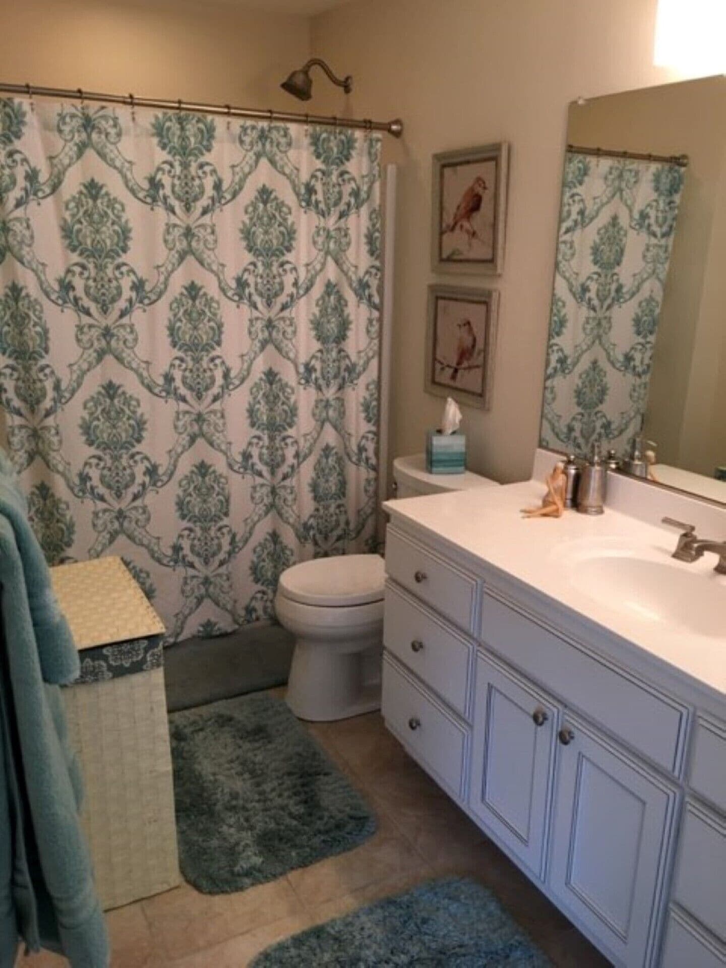 Une salle de bain avec un meuble-lavabo blanc, des toilettes, un rideau de douche à motifs floraux et un petit tapis.