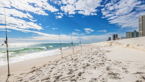 Una playa con cañas de pescar, una orilla arenosa y edificios al fondo.