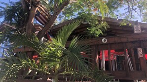 Un bâtiment à la façade en bois, une enseigne indiquant un parking réservé aux personnes qui aiment s’amuser, et un palmier au premier plan.