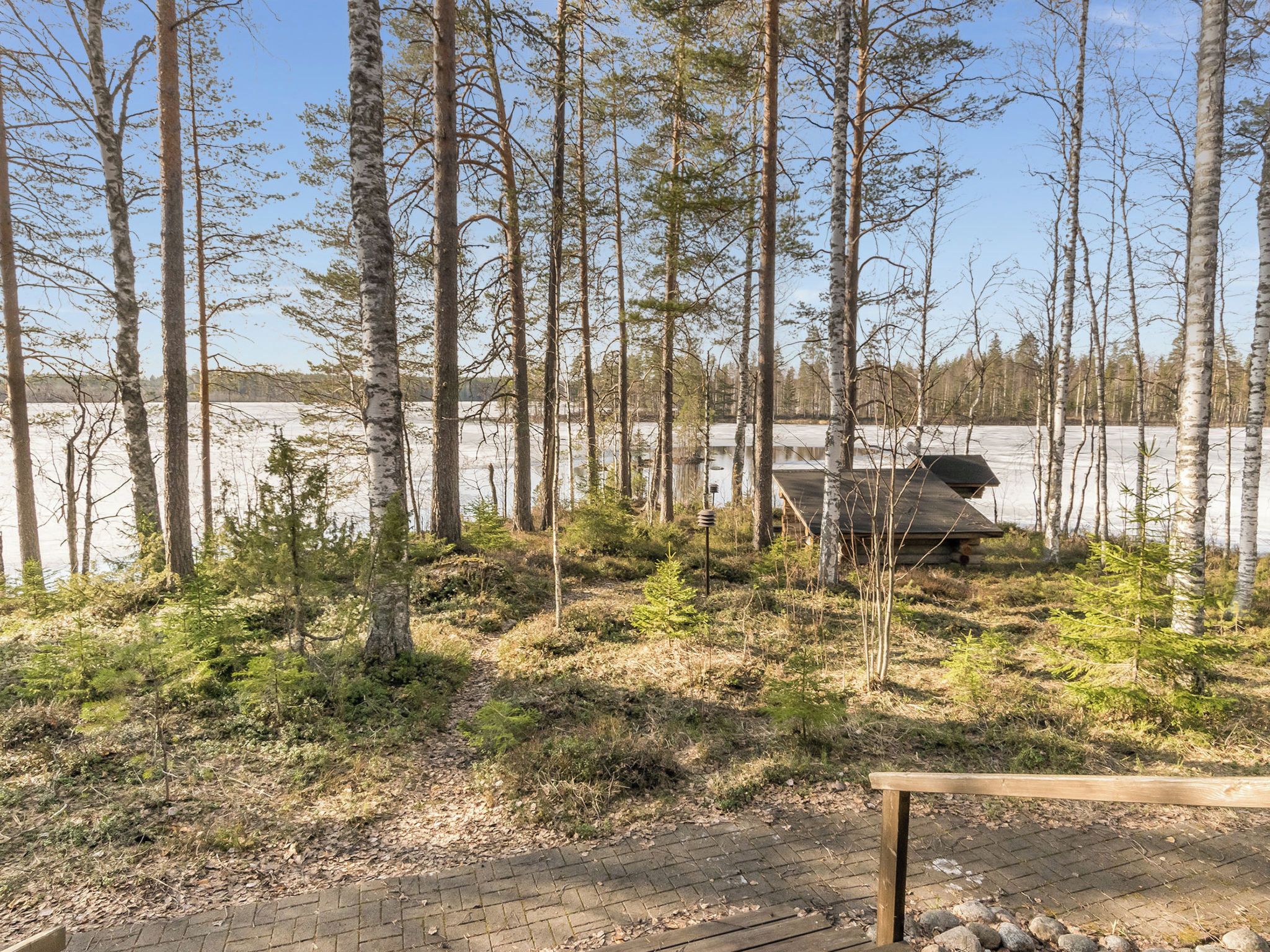 A forested area with a wooden deck and a view of a lake.