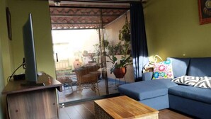 Un salon avec un téléviseur posé sur un meuble en bois, un canapé bleu agrémenté de coussins à motifs, une table basse en bois et une porte en verre donnant sur un espace extérieur avec des plantes en pot et un fauteuil en osier.