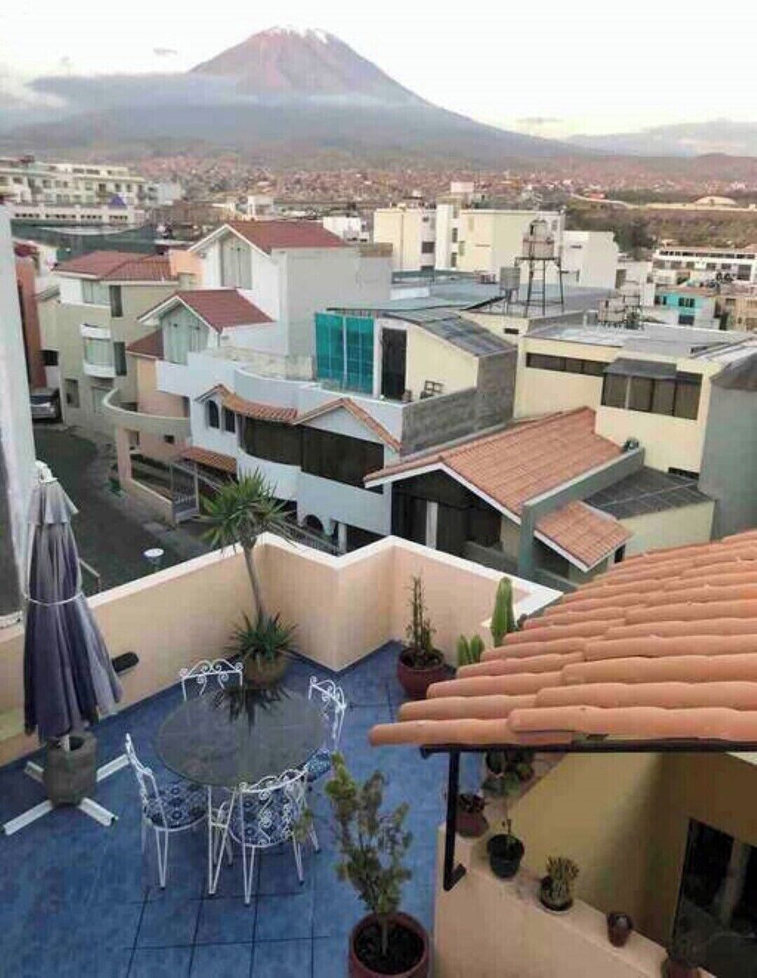 A rooftop terrace with a table and chairs, potted plants, and a view of a mountain.