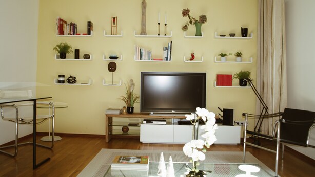 A living room with a flat-screen TV, shelves with books and decorative items, a glass coffee table, and a modern chair. - Living comfortably in Oberwalluf, enjoying the Rheingau, experiencing the Rhine - Main! (Walluf)