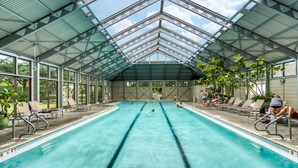 Ein Hallenbad mit deutlich markierten Bahnen, umgeben von Liegestühlen und Blumentöpfen.