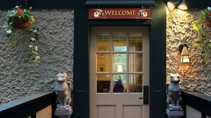 A building entrance with a 'WELCOME' sign above a double door, flanked by two stone lion statues, and a textured wall with hanging plants.