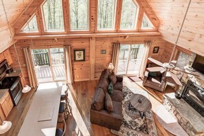 TV connectée, cheminée, livres