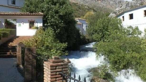 Une petite cascade située dans un quartier résidentiel, avec des maisons et un mur de pierre.