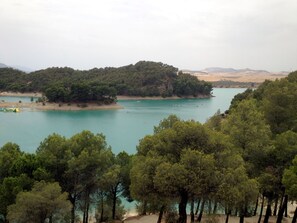 Paesaggio costiero con mare calmo, spiagge sabbiose e fitte foreste verdi.