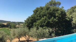 A swimming pool with a clear view of surrounding trees and a distant landscape. - house between vineyards and garrigue (Vénéjan)