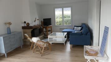 TV, fireplace, DVD player, books