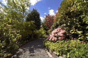 A garden pathway with gravel, surrounded by various green shrubs and flowering plants. - Beechmount Country House (Near Sawrey)