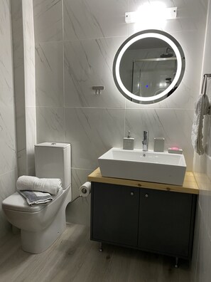 Shower, hair dryer, towels