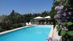 Piscina com cadeiras de praia brancas e guarda-sóis, cercada por vegetação e árvores.