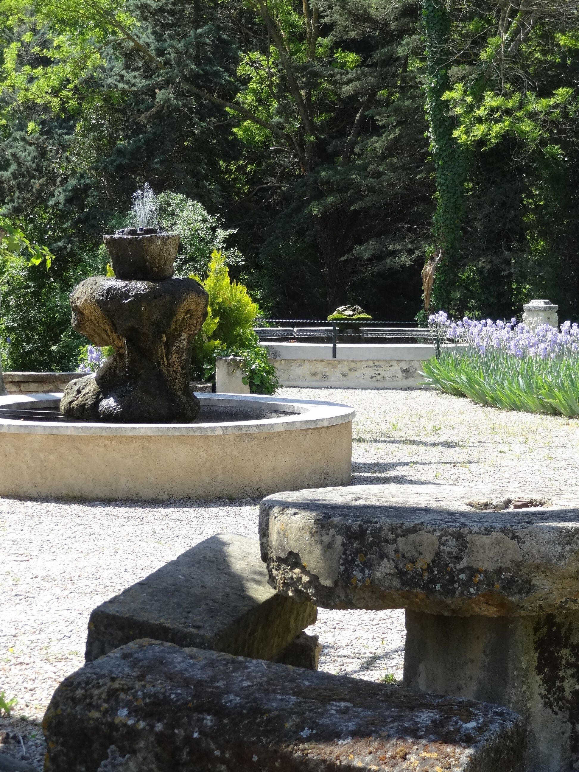 Ein Steinkopfbrunnen in einem Garten mit einem kreisförmigen Steinrand, umgeben von Grünpflanzen und einem Weg.