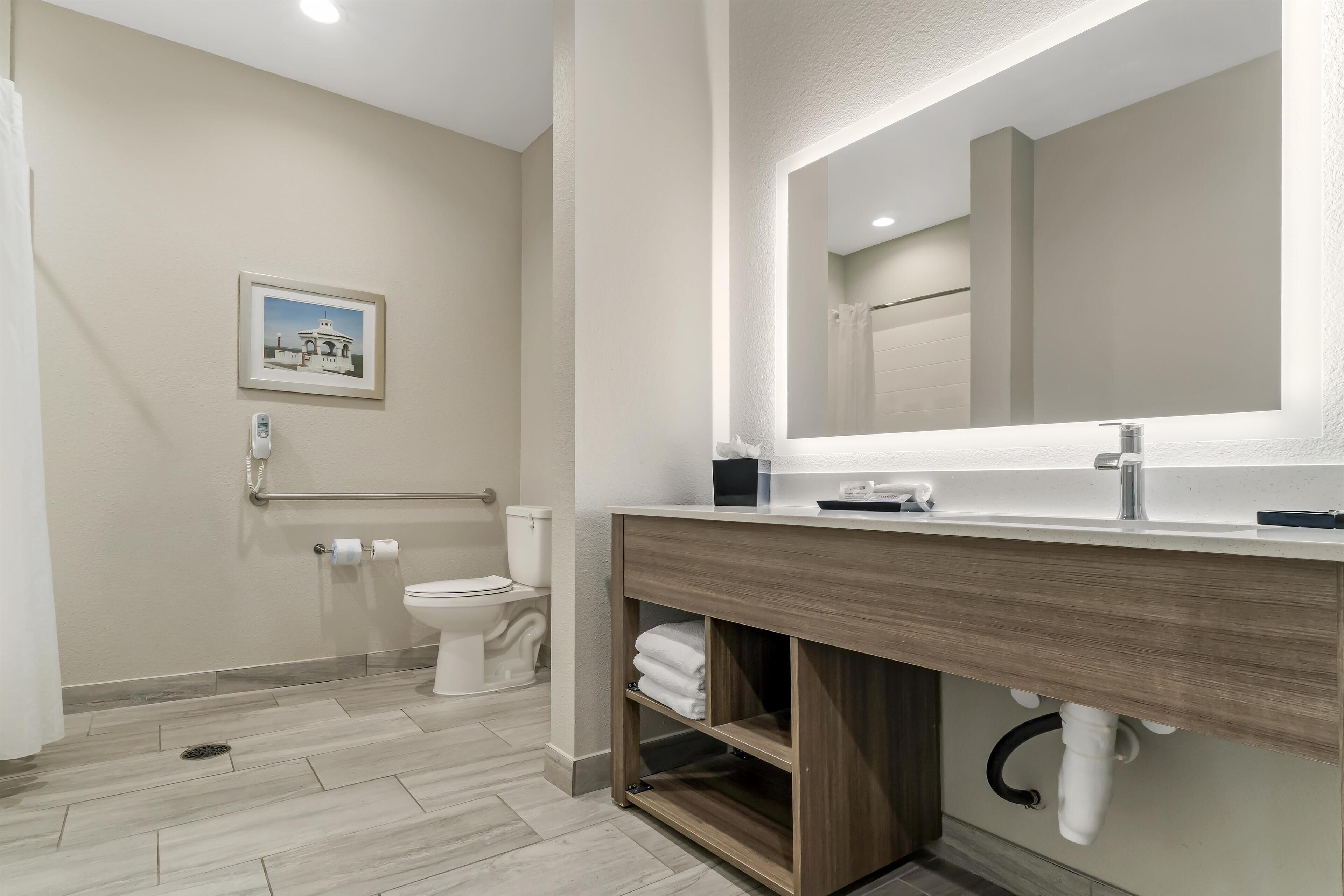 Une salle de bain moderne avec un meuble-lavabo en bois, un grand miroir et des toilettes équipées d’une barre d’appui.