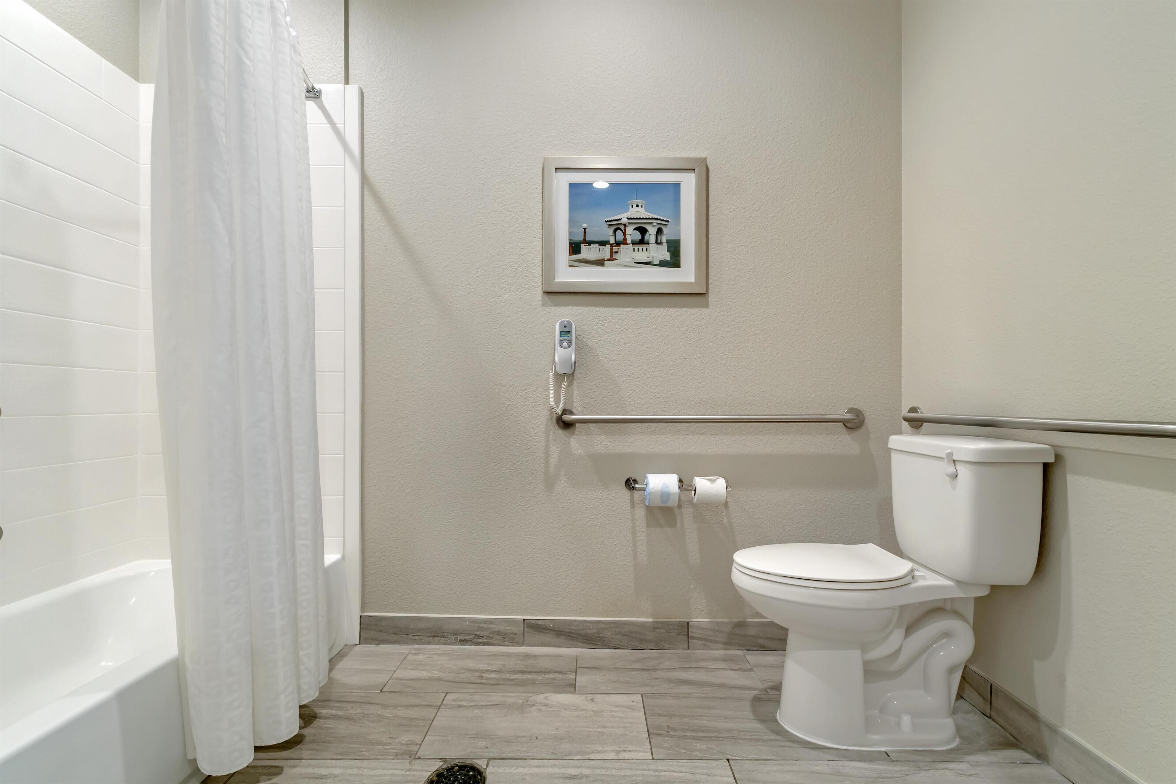 Une salle de bain avec une baignoire blanche, des toilettes et un tableau encadré au mur.