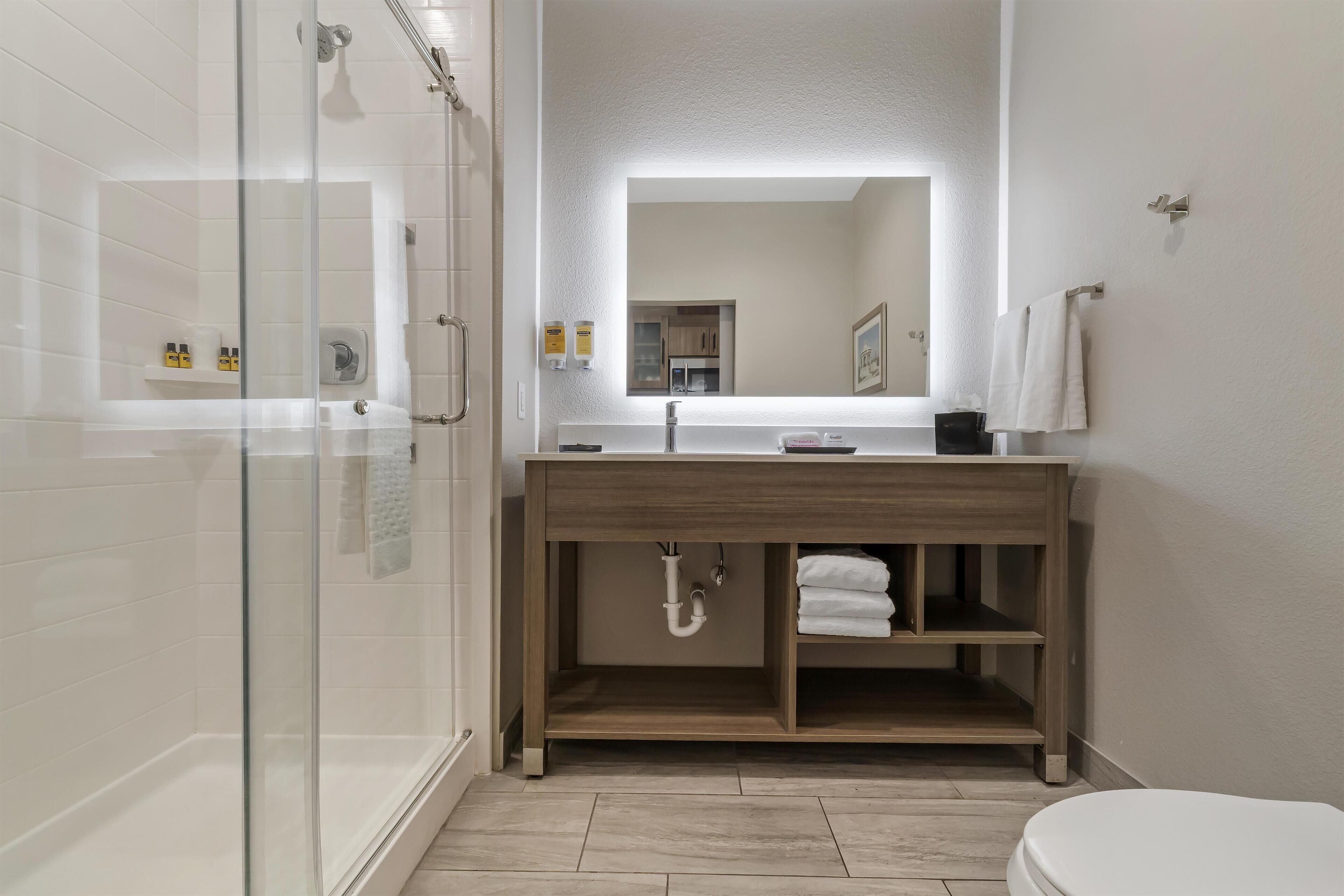 A modern bathroom with a glass shower enclosure, a wooden vanity with a mirror, and a toilet.