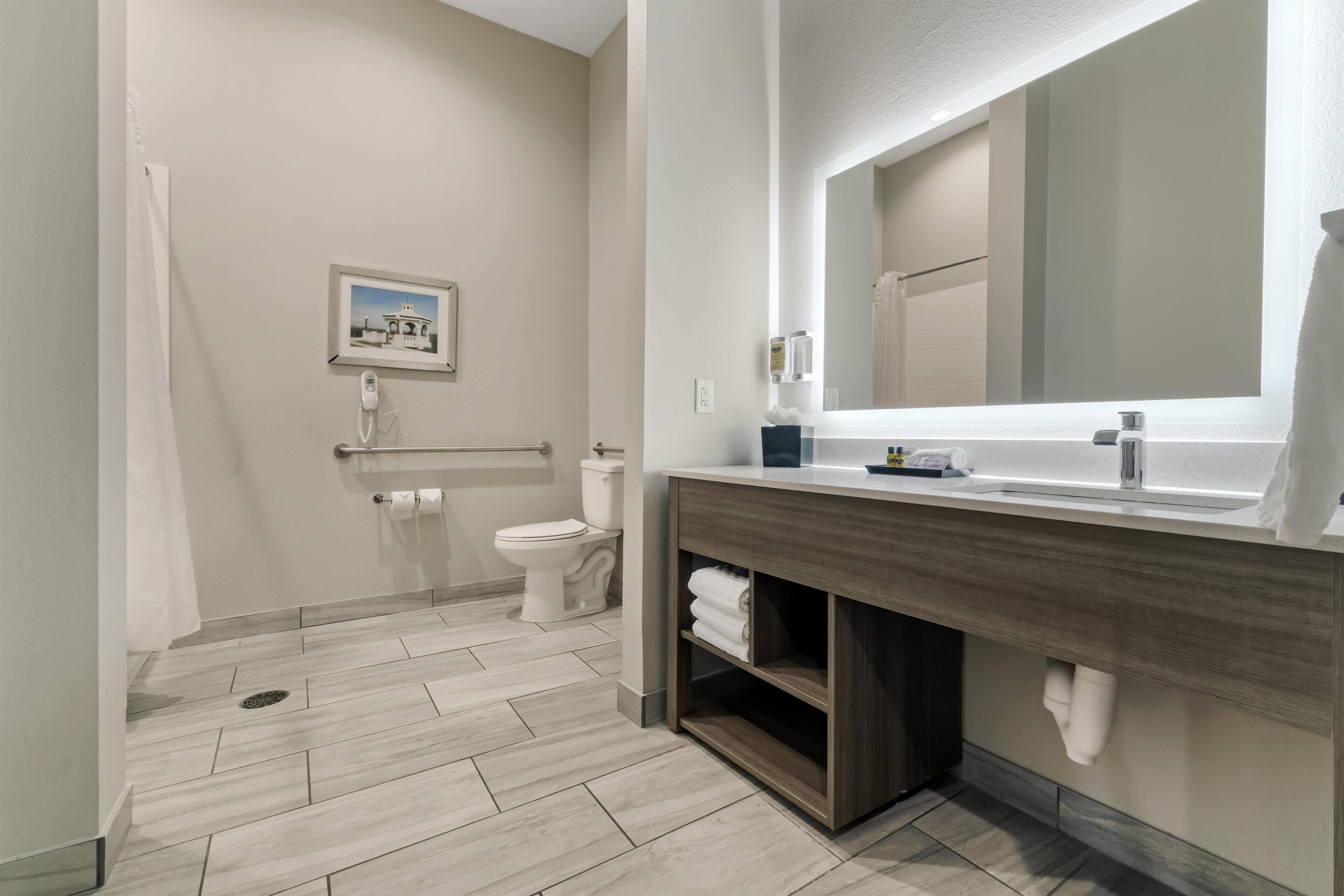 Standard Room, 2 Queen Beds, Accessible, Kitchenette | Bathroom | Hair dryer, towels