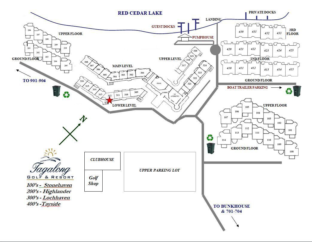 Een gedetailleerde plattegrond van een hotel met meerdere verdiepingen, inclusief gastenverblijven, een clubhuis en een golfwinkel.