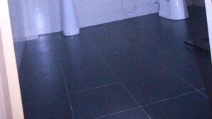 Un baño con lavamanos pedestal, inodoro y espejo en la pared.
