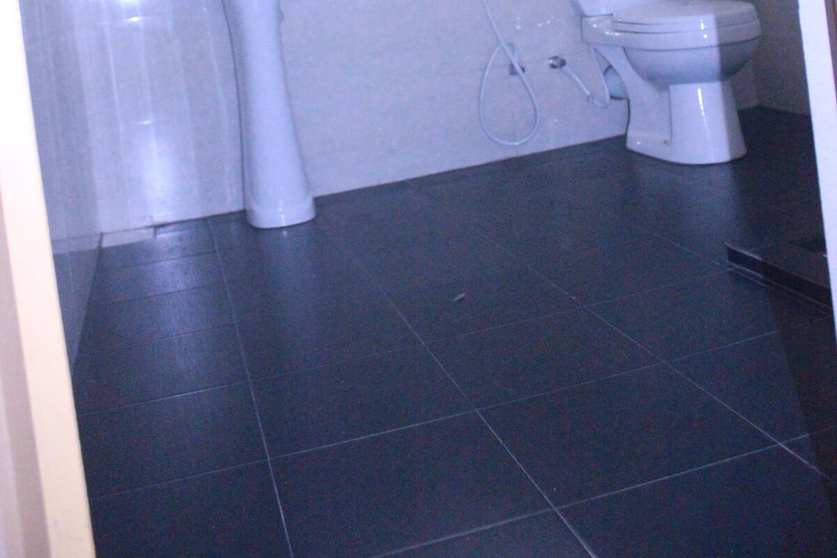 A bathroom with a pedestal sink, toilet, and a mirror on the wall.