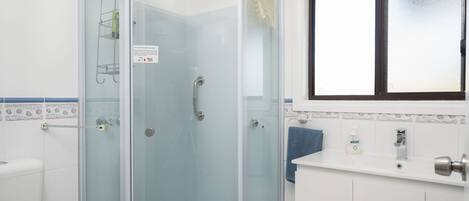 A bathroom with a glass-enclosed shower, a toilet, a sink with a towel, and a window.