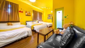 A hotel room with two beds, a black leather sofa, and a teddy bear. - Sunshine House (Dongshan)