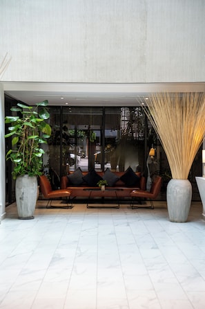 Un intérieur moderne avec un ensemble de canapés, de grandes plantes en pot et un design contemporain.