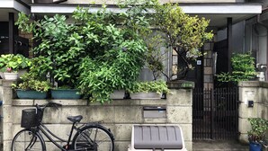 A bicycle parked against a wall with potted plants and a trash bin. - Osaka Vacation Home (Osaka)