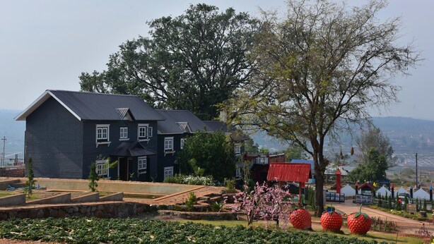 A large two-story house with a dark exterior, surrounded by a garden with strawberry plants and a tree with pink blossoms. - MiCO Hill Resort (Pyin Oo Lwin)
