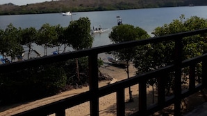 A view of a lake with boats, a flag, and trees. - Menjangan Hostel (Pejarakan)