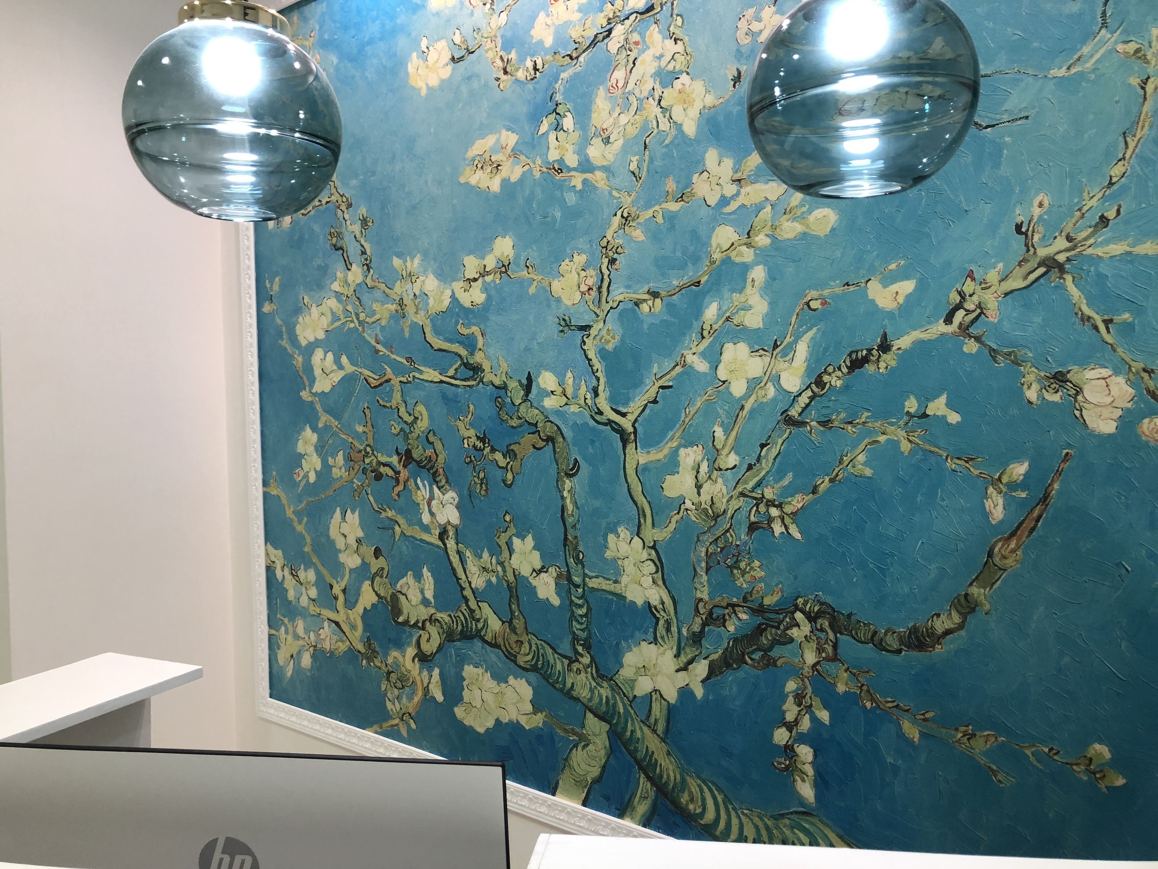 A room with a blue floral wall mural, two spherical ceiling lights, and a white desk.
