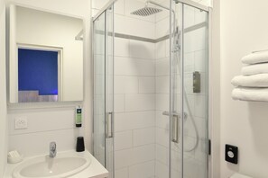 Shower, eco-friendly toiletries, hair dryer, towels