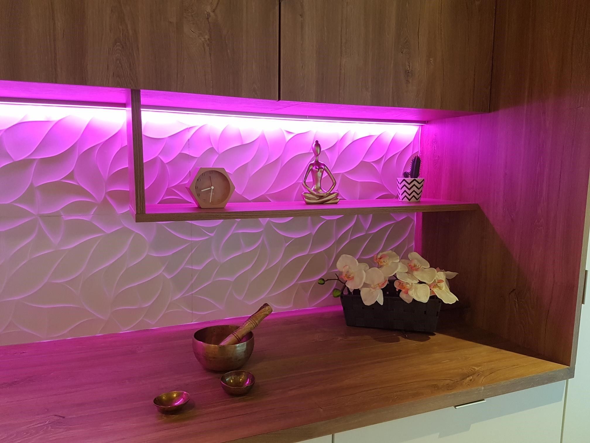 A wooden shelf with a pink-lit wall, a Buddha statue, a cactus, and a small plant.