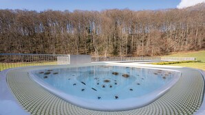 A hot tub with a tiled edge, surrounded by a fence, and a forest in the background. - Mildiss Hotel Spa & Restaurant, BW Signature Collection (Besse-et-Saint-Anastaise)